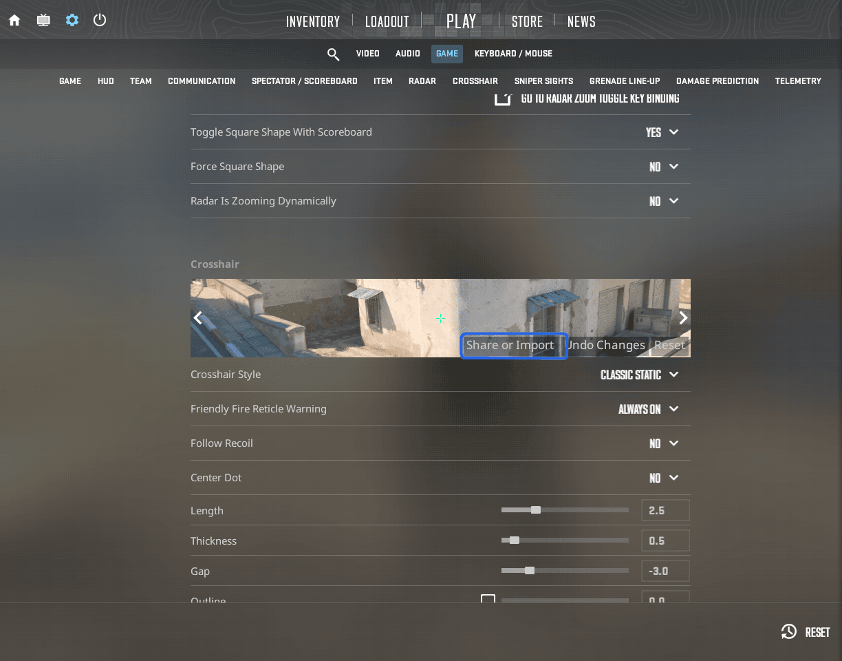 CS2 Crosshair settings with the Share or Import button highlighted