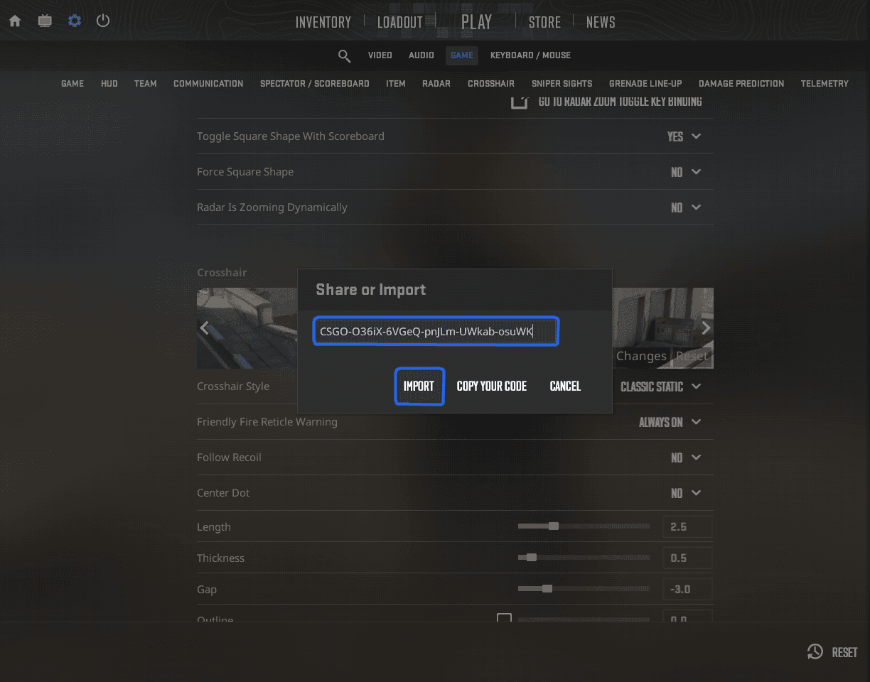 CS2 Share or Import window with a crosshair code entered and the Import button highlighted