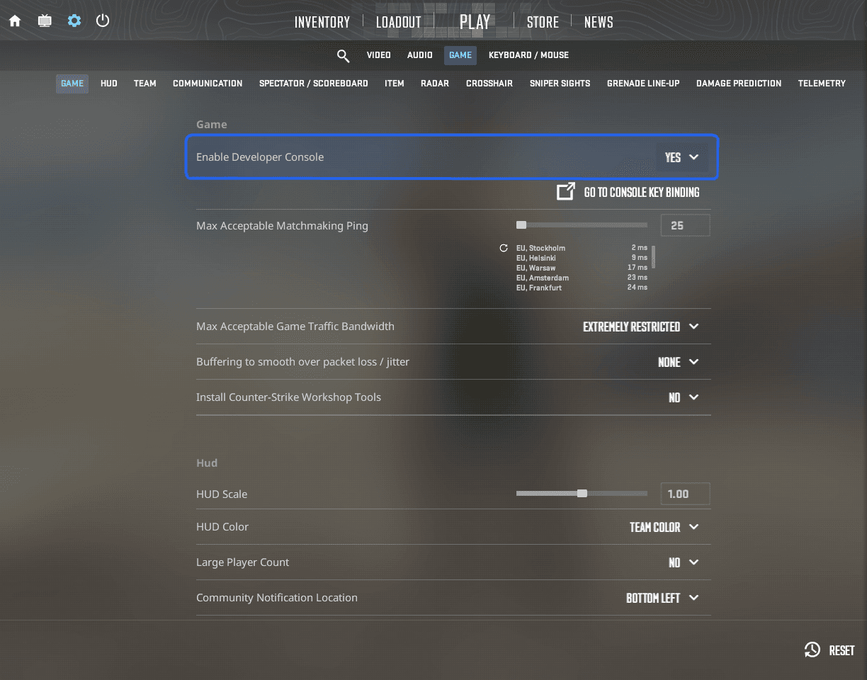 CS2 Game settings with Enable Developer Console set to Yes