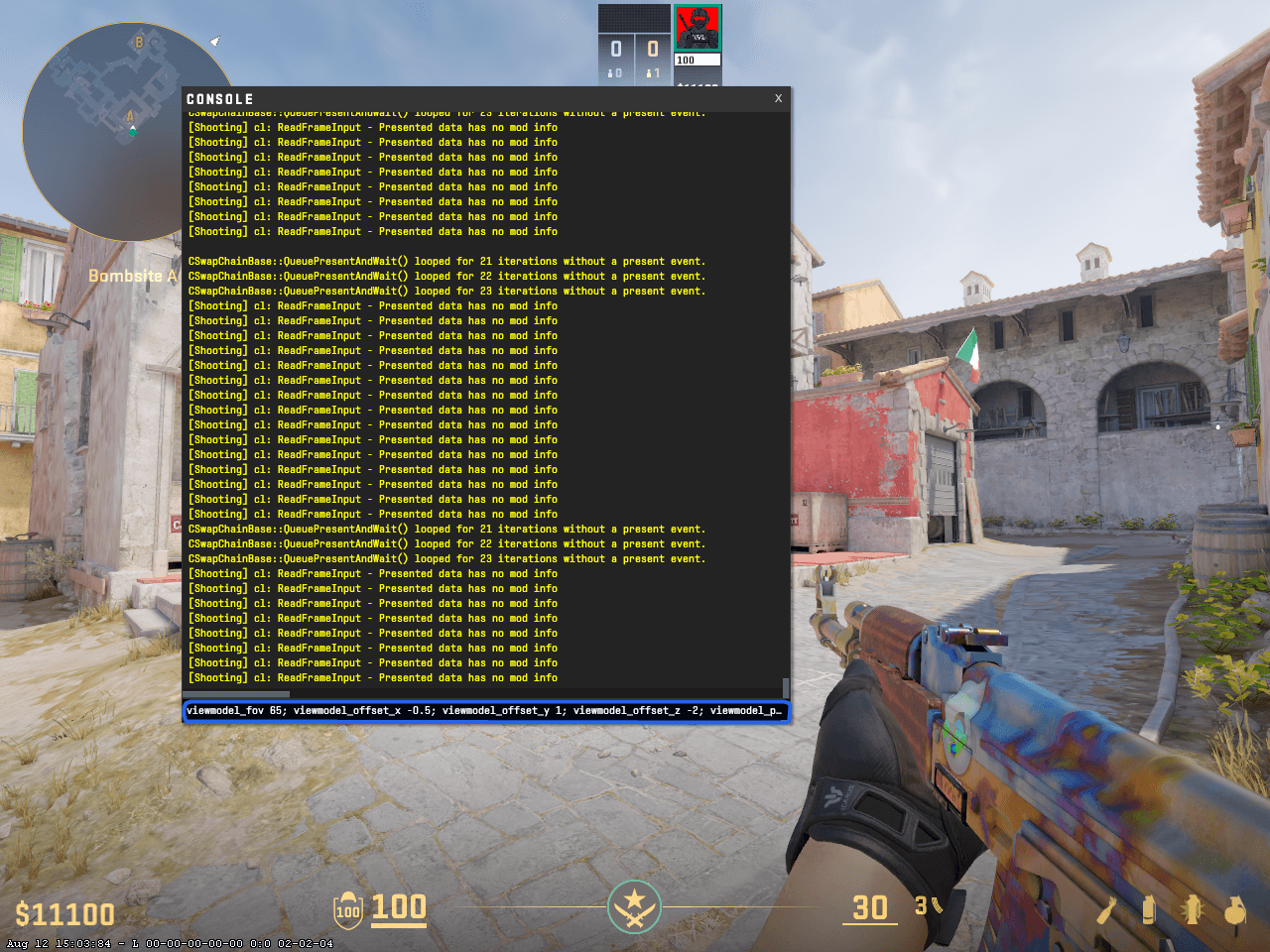 CS2 developer console with a complete viewmodel command line highlighted
